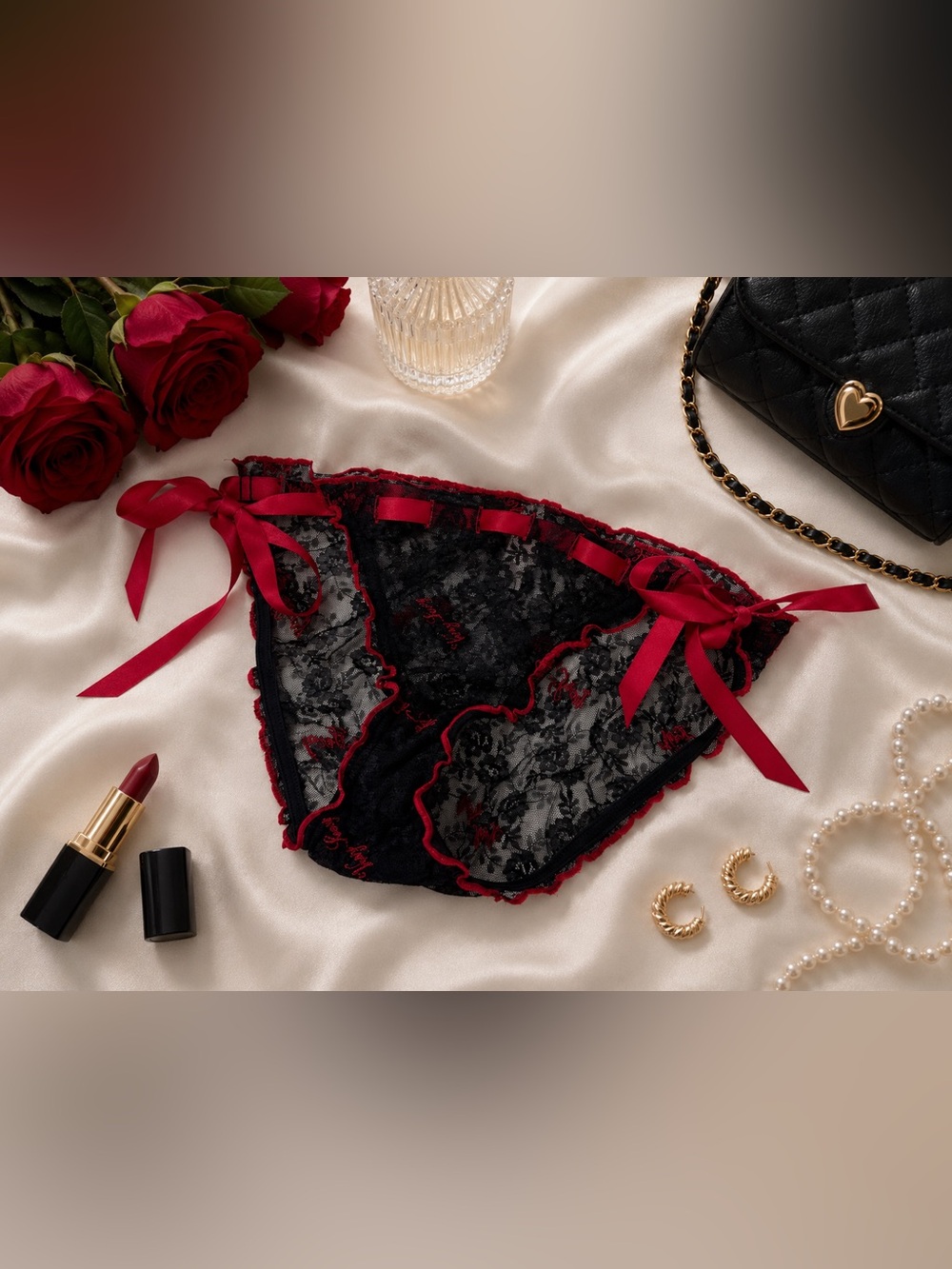 Victoria's Secret Black+ Red Lace Tie Side Panties Mesh Lingerie Size Medium